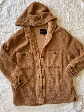 Sanctuary Plush Hooded Shacket in Caramel Brown
